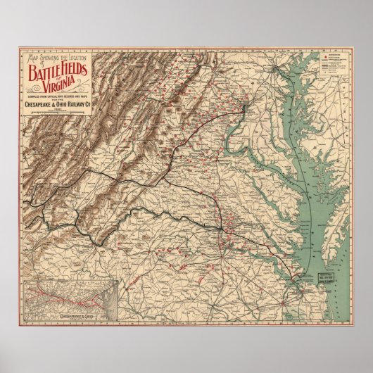  Virginia Civil War Battlefields Map, 1895 Poster (Voorkant)