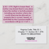 Virginia "Right to Breastfeed"-kaarten Visitekaartje (Voorkant / Achterkant)