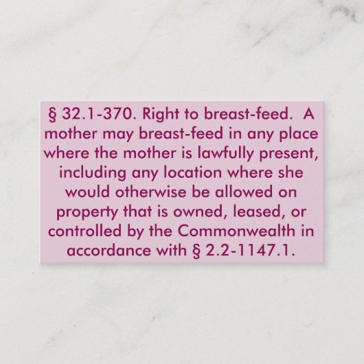 Virginia "Right to Breastfeed"-kaarten Visitekaartje (Voorkant)