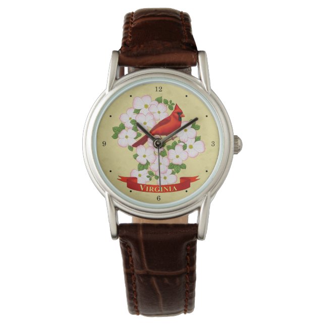 Virginia State Cardinaal Bird and Dogwood Flower Horloge (Voorkant)