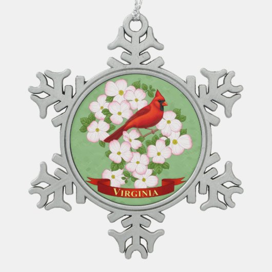 Virginia State Cardinaal Bird and Dogwood Flower Tin Sneeuwvlok Ornament (Voorkant)