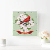 Virginia State Cardinaal Bird and Dogwood Flower Vierkante Klok (Huis)