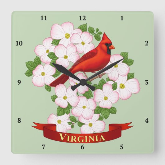 Virginia State Cardinaal Bird and Dogwood Flower Vierkante Klok (Voorkant)