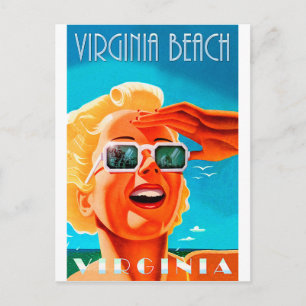 Virginia strand, blondine zonnebril vrouw, vintage briefkaart