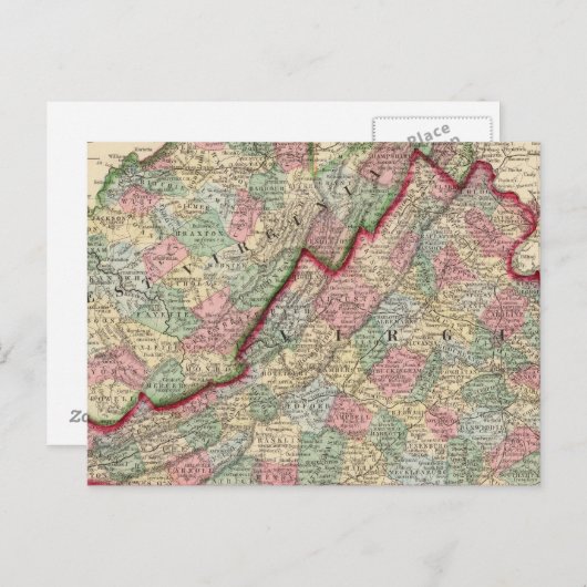 Virginia, W Virginia Map door Mitchell Briefkaart (Voorkant / Achterkant)