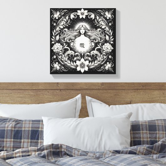 Virgo Botanical Goddess Etching Wall Decor Canvas Afdruk (Insitu (Slaapkamer))