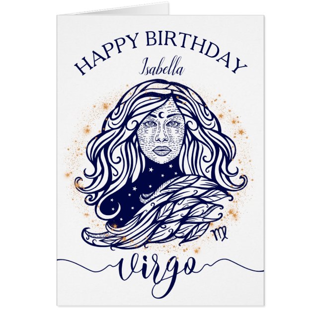 Virgo Zodiac Navy & Gold Monochrome Birthday Card (Voorkant)