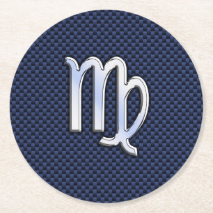 Virgo Zodiac Sign on Navy Blue Carbon Fiber Print Ronde Kartonnen Onderzetter