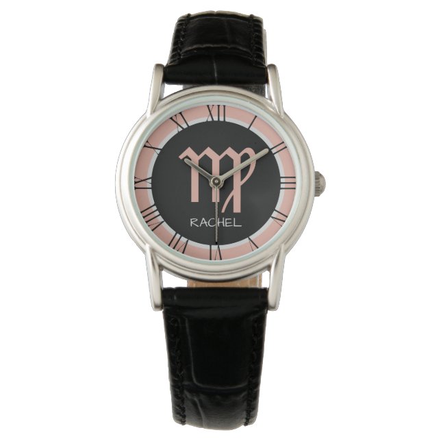 Virgo Zodiac Sign Roos Pink Grey Black Aangepaste  Horloge (Voorkant)
