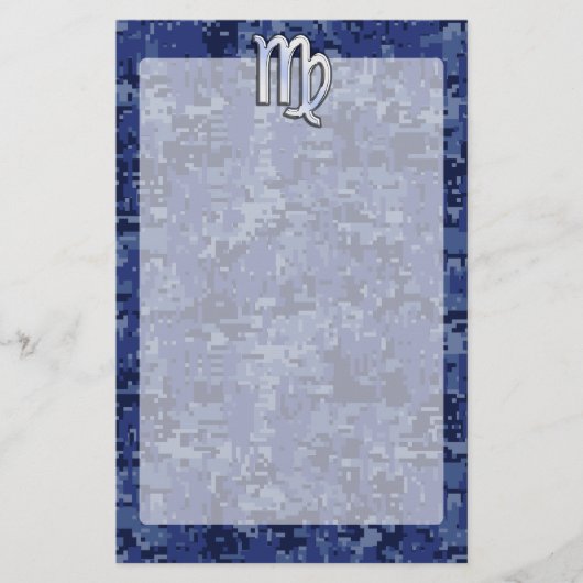 Virgo Zodiac Silver Sign op Navy Blue Digital Camo Briefpapier (Voorkant)