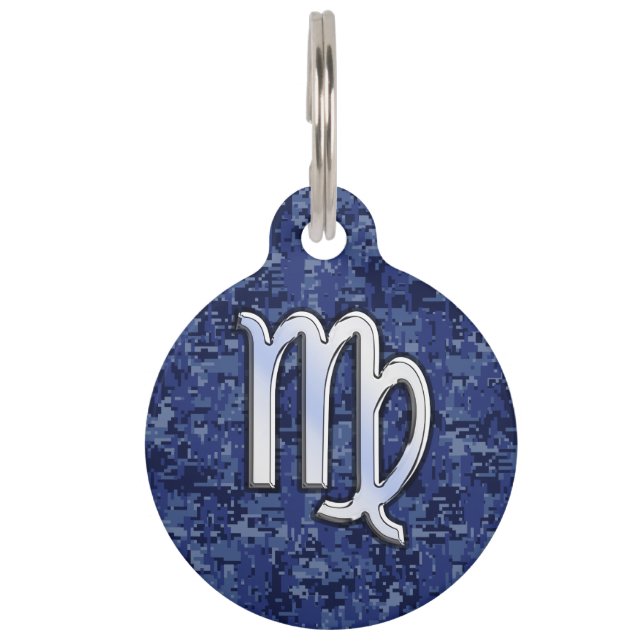 Virgo Zodiac Silver Sign op Navy Blue Digital Camo Huisdierpenning (Voorkant)