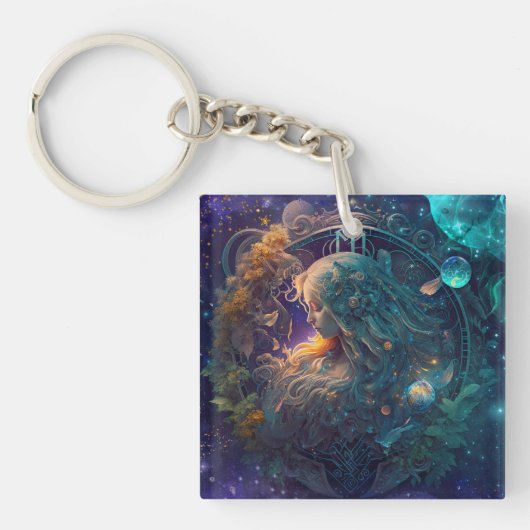 Virgo Zodiac Teken Waterverf Ontwerp Sleutelhanger (Voorkant)