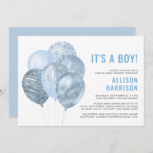 Virtual Baby Boy Shower-ballonnen Blue Glitter Kaart (Voorkant / Achterkant)