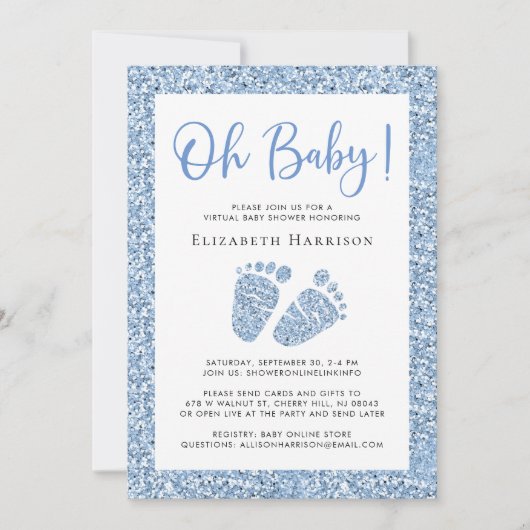 Virtual Baby Boy Shower Blue Glitter Uitnodiging (Voorkant)