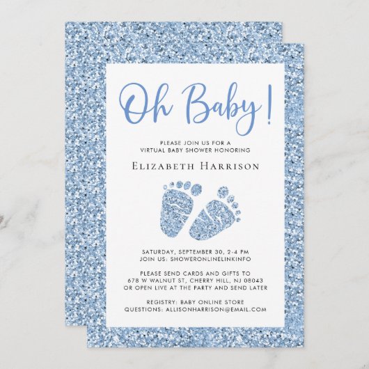 Virtual Baby Boy Shower Blue Glitter Uitnodiging (Voorkant / Achterkant)