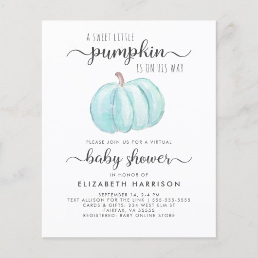 Virtual Baby Boy Shower Blue Pumpkin-uitnodiging (Voorkant)