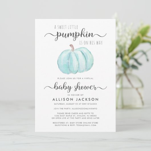 Virtual Baby Boy Shower Blue Pumpkin Waterverf Kaart (Staand voorkant)