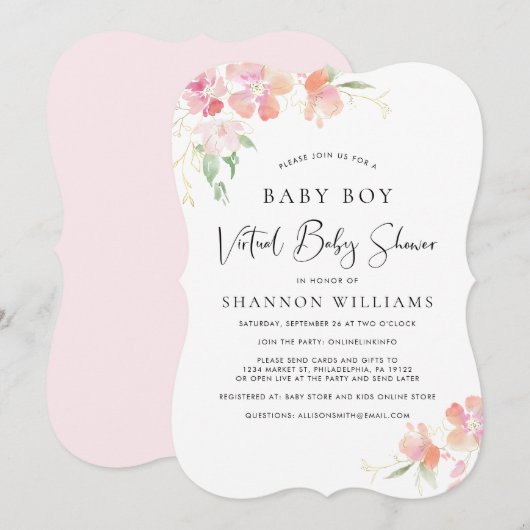 Virtual Baby Boy Shower Pink Floral Waterverf Kaart (Voorkant / Achterkant)