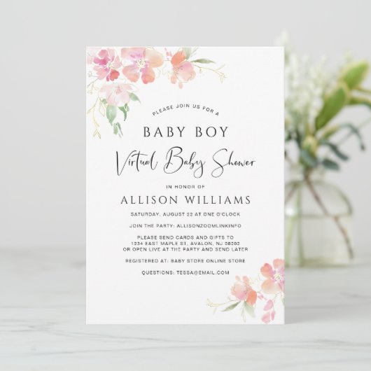 Virtual Baby Boy Shower Roze Bloemen Waterverf Kaart (Staand voorkant)