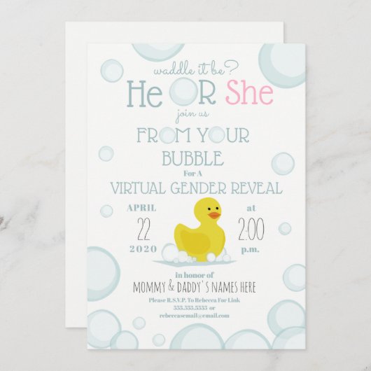 Virtual Baby Gender onthult Duck Waddle Kaart (Voorkant / Achterkant)