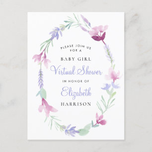 Virtual Baby Girl Douche Paarse Bloemen Waterverf Uitnodiging Briefkaart