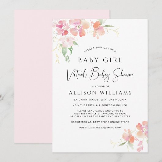Virtual Baby Girl Shower Pink Floral Waterverf Kaart (Voorkant / Achterkant)