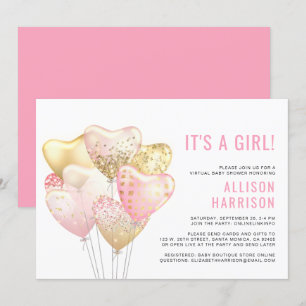 Virtual Baby Girl Shower Pink Gold Glitter-ballon Kaart