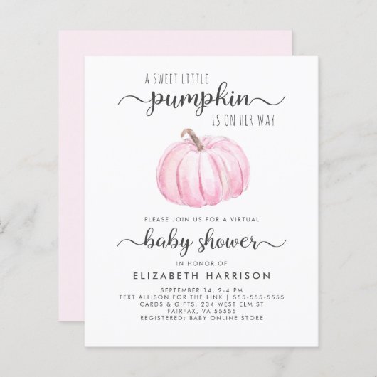 Virtual Baby Girl Shower Pink Pumpkin-uitnodiging (Voorkant / Achterkant)