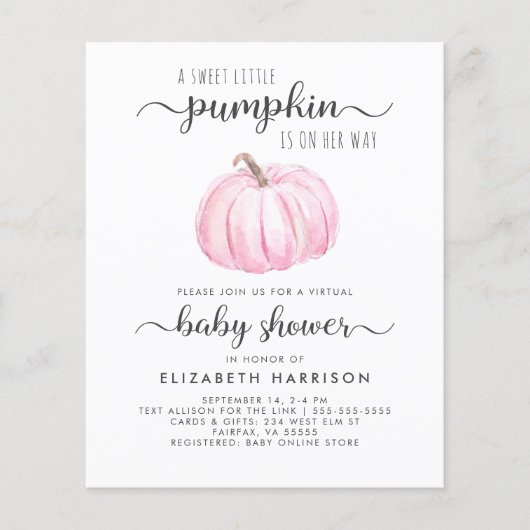 Virtual Baby Girl Shower Pink Pumpkin-uitnodiging (Voorkant)