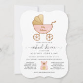 Virtual Baby Girl Shower Retro Carriage Pink Gold Kaart (Voorkant)