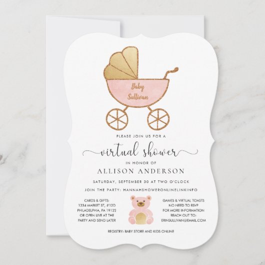 Virtual Baby Girl Shower Retro Carriage Pink Gold Kaart (Voorkant)