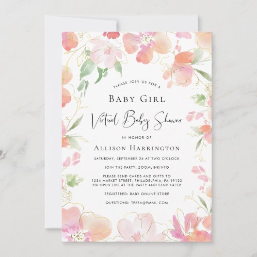 Virtual Baby Meisje Douche Roze Bloemen Waterverf Kaart (Voorkant)