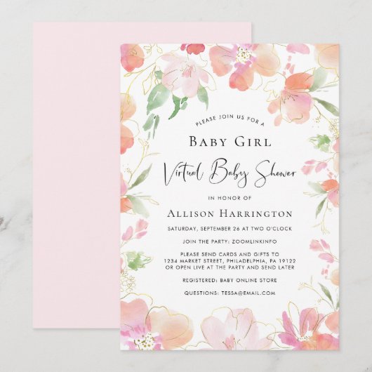 Virtual Baby Meisje Douche Roze Bloemen Waterverf Kaart (Voorkant / Achterkant)