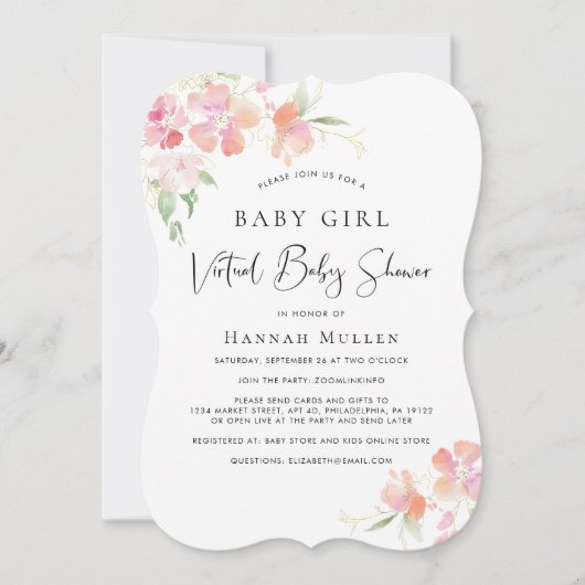 Virtual Baby Meisje Douche Roze Bloemen Waterverf Kaart (Voorkant)