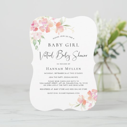 Virtual Baby Meisje Douche Roze Bloemen Waterverf Kaart (Staand voorkant)