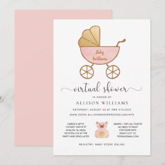 Virtual Baby Meisje Douche Roze Gouden Retro Carri Kaart (Voorkant / Achterkant)