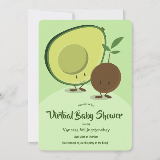 Virtual Baby shower Avocado en Pit Cartoon Kaart (Voorkant)