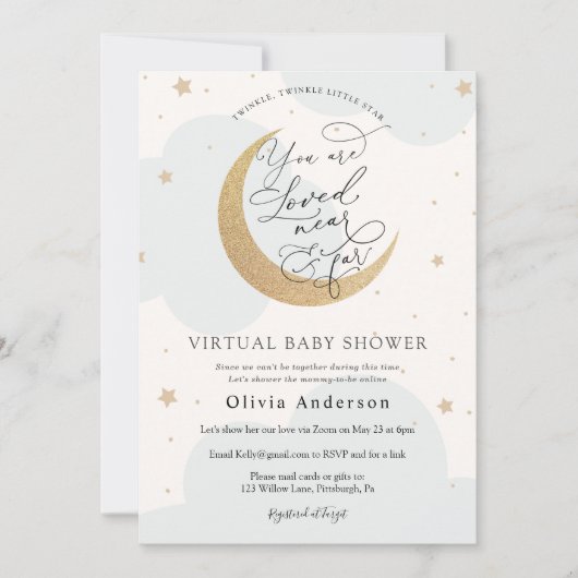 Virtual Baby shower Blue Twinkle Star en Moon Kaart (Voorkant)