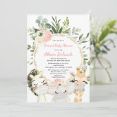Virtual baby shower blush roze gouden bloemdieren kaart (Staand voorkant)