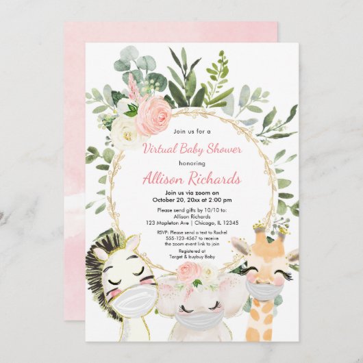 Virtual baby shower blush roze gouden bloemdieren kaart (Voorkant / Achterkant)