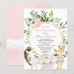Virtual baby shower blush roze gouden bloemdieren kaart