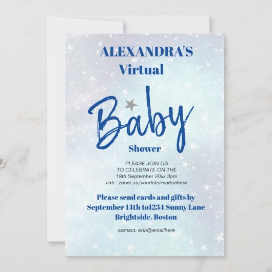 Virtual Baby shower Boy Blue Modern Star is gebore Kaart (Achterkant)