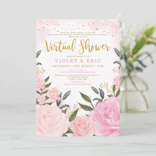 Virtual Baby shower by Mail Blush Pink Gold Rozen Kaart (Staand voorkant)