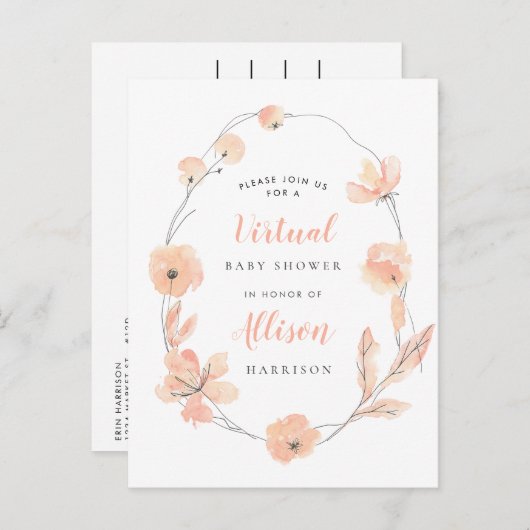 Virtual Baby shower Coral Floral Waterverf Uitnodiging Briefkaart (Voorkant / Achterkant)