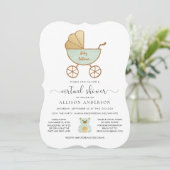 Virtual Baby shower Cute Retro Carriage Mint Gold Kaart (Staand voorkant)