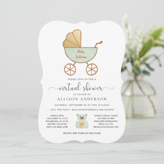 Virtual Baby shower Cute Retro Carriage Mint Gold Kaart (Staand voorkant)