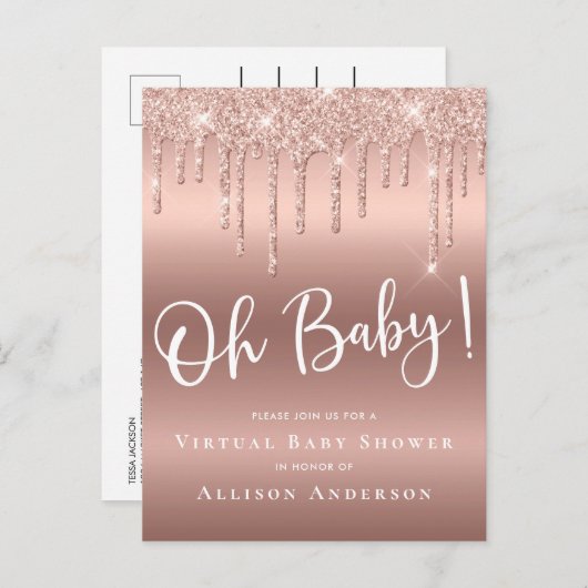 Virtual Baby shower Dripping Glitter Roos Gold Uitnodiging Briefkaart (Voorkant / Achterkant)