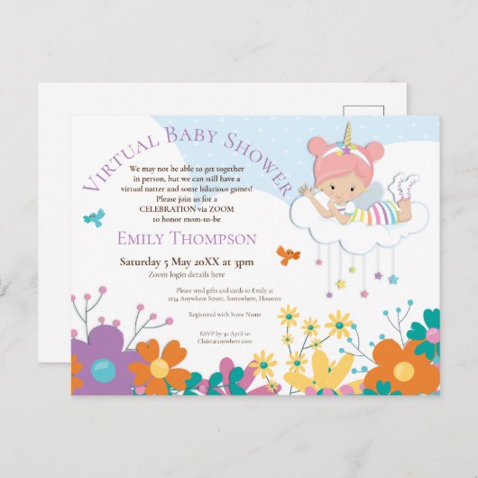 Virtual Baby shower Eenhoorn Fairy Birds Bloemen Uitnodiging Briefkaart (Voorkant / Achterkant)