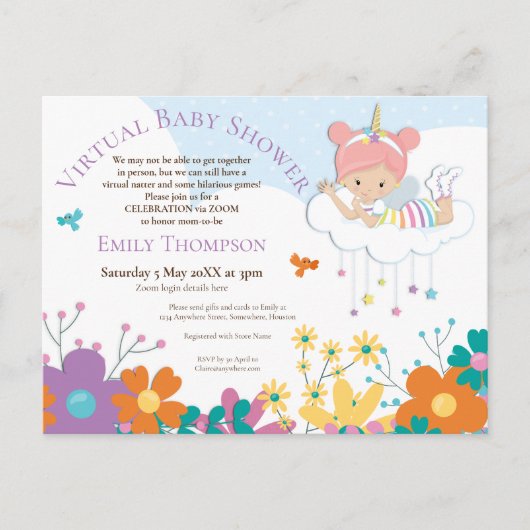 Virtual Baby shower Eenhoorn Fairy Birds Bloemen Uitnodiging Briefkaart (Voorkant)