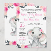 Virtual Baby shower Elephant Roses Girl-kaart Kaart (Voorkant / Achterkant)